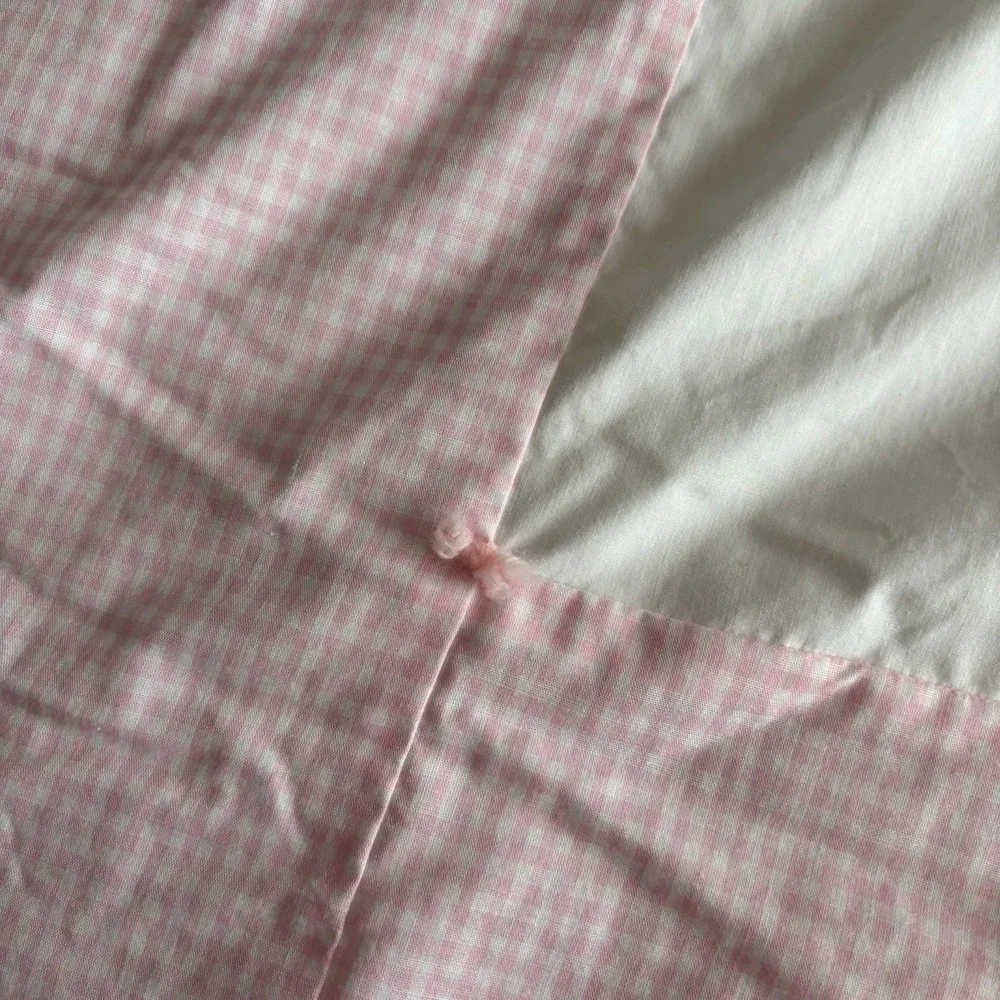 Vtg Hand-Embroidered Blanket Butterfly Quilt Pink Blue White Gingham‎ Tied Solid